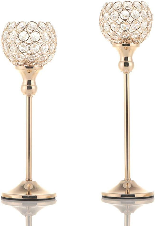 VINCIGANT Gold Crystal Candle Holders Set of 2,Pillar Candlesticks for Table Centerpieces, Christmas Home Decor Wedding Party Housewarming Gift