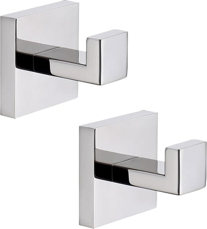 TASTOS Bath Towel Hooks Premium Stainless Steel Robe Coat and Clothes Hook, Heavy Duty Square Wall Mounted Modern Hook for Bathroom & Kitchen, Polished Chrome Finish, 2Pack