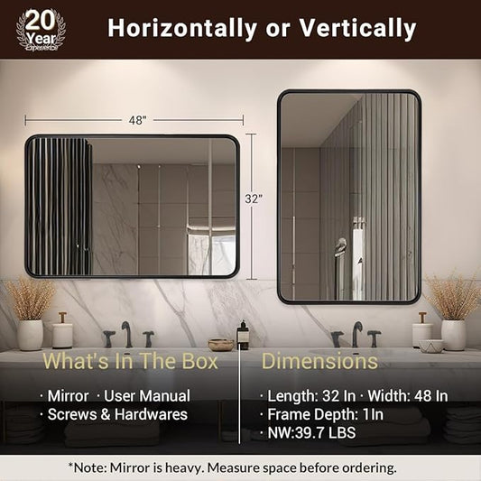 ANDY STAR 48X32 Inch Black Bathroom Mirror, Black Bathroom Vanity Mirrors for Wall, Rounded Rectangle Mirror for Bathroom, Seamless Tube Metal Frame, 1’’ Deep Wall Mounted Vertical/Horizontal