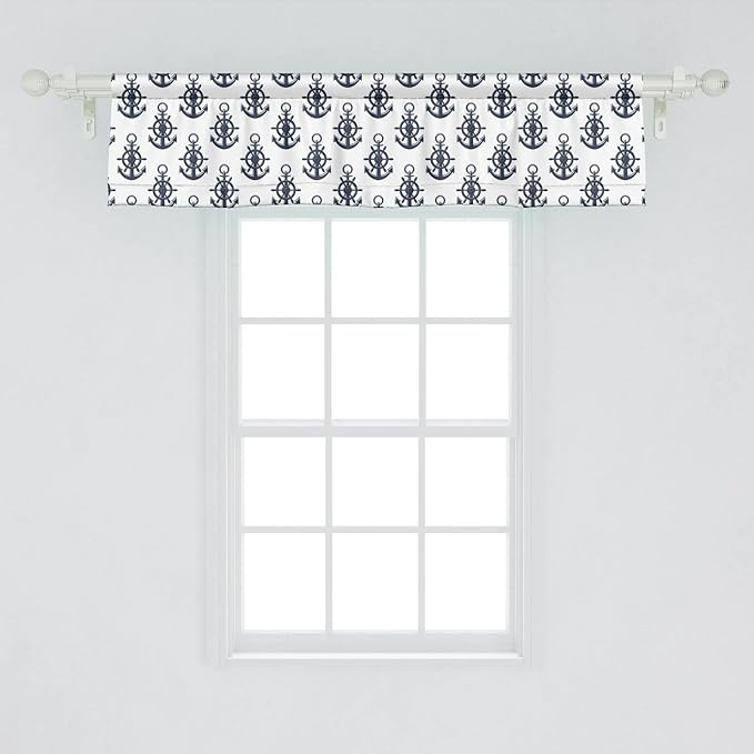 Lunarable Vintage Nautical Tattoo Window Valance Pack of 2, Sea Anchor Maritime Monochrome Simplistic Pattern, Rod Pocket Curtain Valances for Kitchen Bedroom, 54" X 12", Blue White