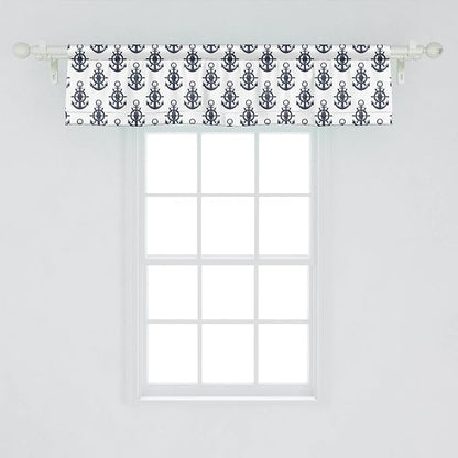 Lunarable Vintage Nautical Tattoo Window Valance Pack of 2, Sea Anchor Maritime Monochrome Simplistic Pattern, Rod Pocket Curtain Valances for Kitchen Bedroom, 54" X 12", Blue White