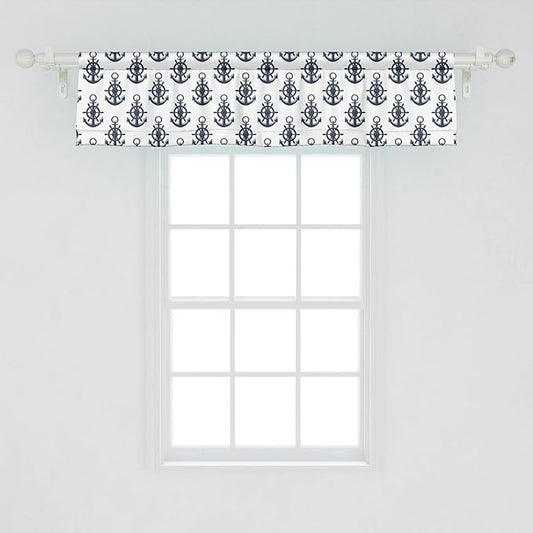 Lunarable Vintage Nautical Tattoo Window Valance Pack of 2, Sea Anchor Maritime Monochrome Simplistic Pattern, Rod Pocket Curtain Valances for Kitchen Bedroom, 54" X 12", Blue White