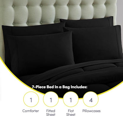 California King Comforter Set - Soft & Breathable 7-Piece Bedding Collection - 1 Comforter, 1 Fitted Sheet, 1 Flat, 4 Pillowcases - Deep Pocket - Premium Quality - Ideal for All Seasons, Black