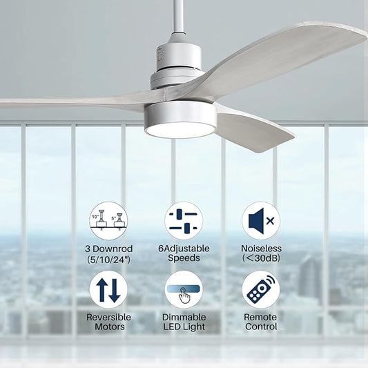 Sofucor 52 Inch Ceiling Fan with Lights, Low Profile Flush Mount Mordern Wood Ceiling Fan with Remote for Indoor Farmhouse Bedroom Living Room Outdoor Patio Porch, Reversible DC Motor, Noiseless