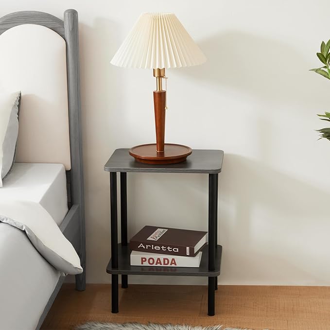 Apicizon 2 Tier End Table Set of 2, Boho Side Table with Storage Shelf, Nightstand Bedside Table for Small Spaces, Bedroom, Living Room, Entryway, Farmhouse, Easy Assembly, Grey