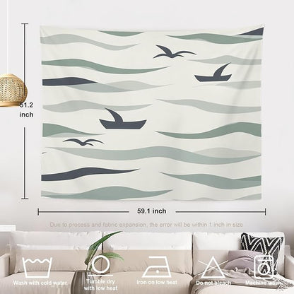 Batmerry Serene Seascape Waters Tapestry, Nautical Maritime Wall Art Hanging Decoration Polyester Fiber White Ruffled Around for Dorm Room Bedroom Living Room, 51.2x59.1 inches