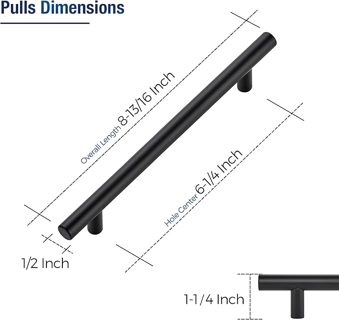 JOY DECOR 20 Pack Cabinet Handles, Black Cabinet Pulls, 6-1/4 in Hole Center Kitchen Hardware, Stainless Steel T Bar Handles for Dresser Drawers