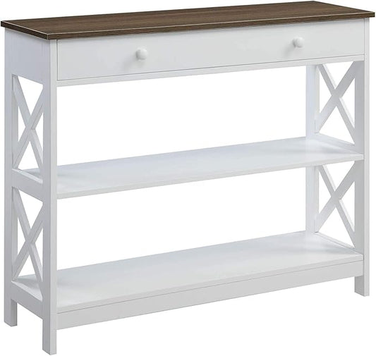 Convenience Concepts Oxford 1-Drawer Console Table 39.5" - Farmhouse Sofa Display with Storage Shelf For Living, Family, & Dining Room, Modern Entryway Hall Table for Kitchen, Bedroom, Driftwood/White