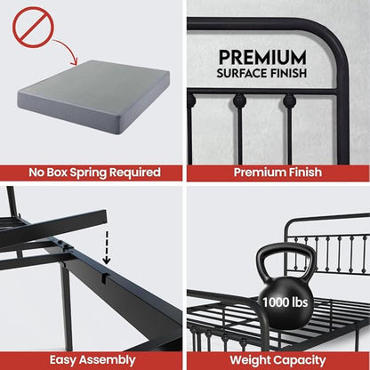 Golden Gate Beds Victorian Vintage Style Metal Bed Frame with Wrought Iron Headboard and Footboard, Classic Platform Bedframe with Storage, No Box Spring Needed, Mattress Foundation, Black, Full Size
