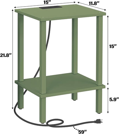TUTOTAK End Table with Charging Station, Small Side Table with Outlets, Nightstand Bedside Table, 2-Tier Storage Shelf for Small Space, Living Room, Bedroom, Olive Green TB01BOG040