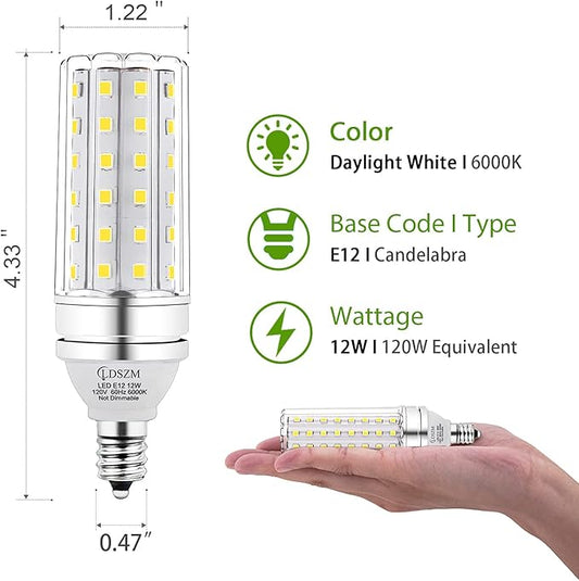 E12 LED Corn Light Bulbs, 12W Equivalent 100W, 1200 Lumen 6000K Cool Daylight White, Non-Dimmable Candelabra Base Chandelier Lights, Pack of 3