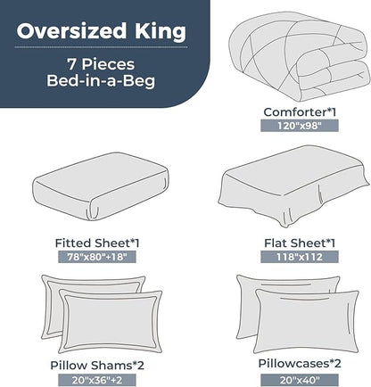 HEVUMYI Light Grey 120x98 Oversized King Comforter Set - 7-Piece All Season Bed in a Bag Oversized King, Ultra Soft Bedding Set with Comforter, Flat Sheet, Fitted Sheet, Pillowcases, Pillow Shams