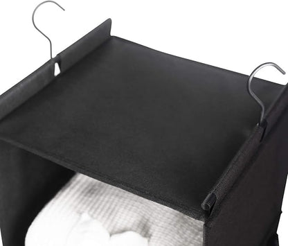 MAX Houser 4-Shelf Hanging Closet Organizer, Space Saver, Cloth Hanging Shelves with 2 Side Pockets, Foldable (Black)