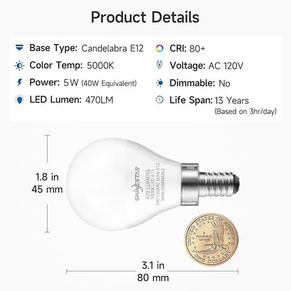SHINESTAR 6-Pack Ceiling Fan Light Bulbs, Small Base, 120V 40W Equivalent, 5000K Daylight, E12 LED Candelabra Bulb, A15 Shape, Non-Dimmable