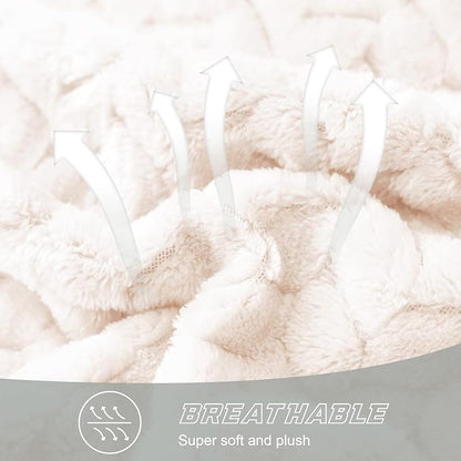 Exclusivo Mezcla Fleece Queen Size Blanket for Bed, 90x90 Inches Soft Cozy Jacquard Flannel Blankets, Lightweight Fuzzy Plush Warm for Winter, Off White