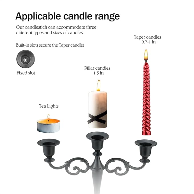 3 Metal Candelabra – Candlesticks Holder for Formal Events, Wedding, Church, Holiday Décor, Halloween – Taper Candle Holder Stand Centerpiece Elegant Decoration Piece for Table,Pure Black