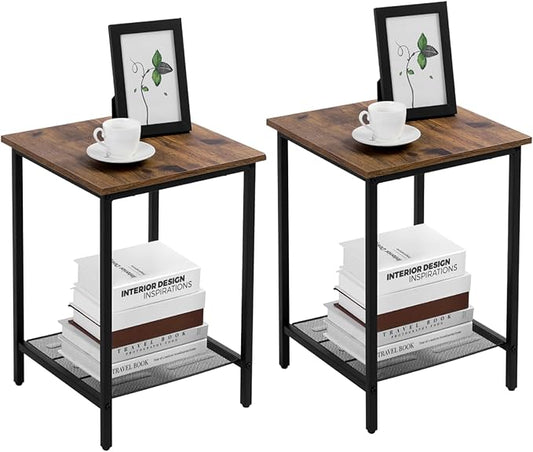 VASAGLE End Table Set of 2, 2-Tier Nightstands Side Table Night Stand Bedside Desk for Small Space in Living Room, Bedroom, Steel Frame, Easy Assembly, 2-Pack, Chestnut Brown, ULET202B17