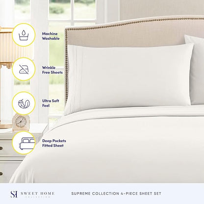 Twin Sheets - Breathable Luxury Sheets with Full Elastic & Secure Corner Straps Built In - 1800 Supreme Collection Extra Soft Deep Pocket Bedding Set, Sheet Set, Twin, Ivory