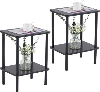 Apicizon 2 Tier End Table Set of 2, Small Side Table with Solid Wood Legs, Boho Bedside Table with Storage Shelf, Nightstand for Small Spaces, Bedroom, Living Room, Entryway, Easy Assembly, Black