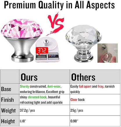 30mm Kitchen Cabinet Knobs Drawer Pull Handle Hardware, Crystal Clear Pink Glass Round Diamond Shape Dresser Closet Bi-fold Door Bathroom Cupboard Desk Nightstand Bookcase Furniture Drawer Knob, 8PCS