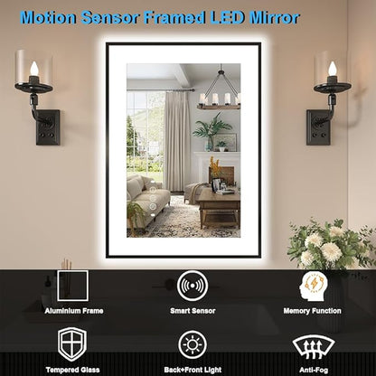 20 x 28 Inch LED Bathroom Mirror with Lights, Front & Back Lit Mirrors for Bathroom Wall Mount, Aluminum Black Frame Decor, Anti-Fog, Dimmable 3 Colors, Shatter-Proof Tempered Glass, Motion Sensor