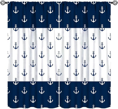 Anchor Pattern Curtains, Nautical Theme Navy Blue White Anchor Sea Life Adventure Print Blackout Window Treatments for Living Room Boys Men's Bedroom 42x54 Inch