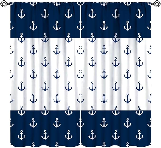 Anchor Pattern Curtains, Nautical Theme Navy Blue White Anchor Sea Life Adventure Print Blackout Window Treatments for Living Room Boys Men's Bedroom 63x63in