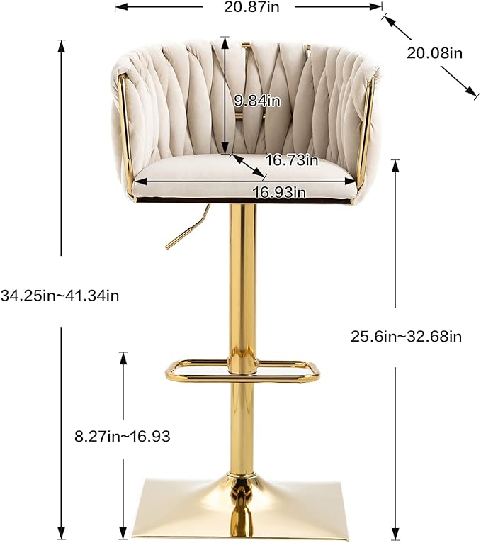 NIOIIKIT Bar Stool Set of 2, Velvet Upholstered Swivel Barstool, Counter Height Chair with Hand Woven Backrest, Dining Barstool with Footrest, Bar Chair for Kitchen Island, Pub (Ivory)