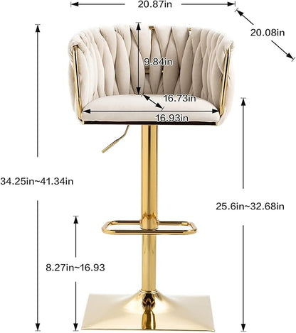 NIOIIKIT Bar Stool Set of 2, Velvet Upholstered Swivel Barstool, Counter Height Chair with Hand Woven Backrest, Dining Barstool with Footrest, Bar Chair for Kitchen Island, Pub (Ivory)