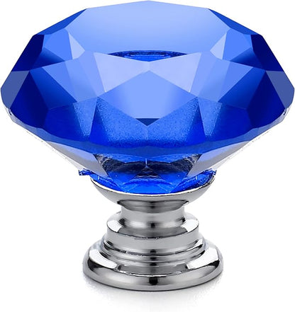 Ravinte 10 Pack Blue Crystal Glass Cabinet Knobs - 30 mm Diamond Shaped Drawer Pulls With Silver Base for Dresser