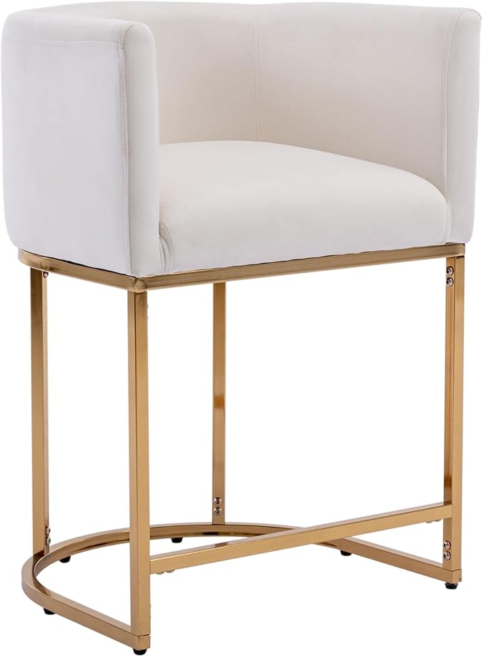 Modern Counter Height Velvet Upholstered Bar Stool, 24" Kitchen Counter Island Stool Bar Chairs with Gold Metal Frame for Kitchen Island, Cream