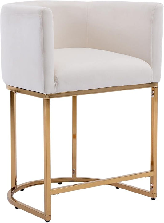 Modern Counter Height Velvet Upholstered Bar Stool, 24" Kitchen Counter Island Stool Bar Chairs with Gold Metal Frame for Kitchen Island, Cream