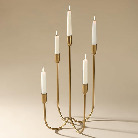 Perfnique 5-Candle Iron Candelabra, 17 Inch Antique Brass Gold Candle Holder, Hand-Forged Cast Gold Candle Holder for Wedding, Event, Christmas & Dining, Table Centerpiece Décor
