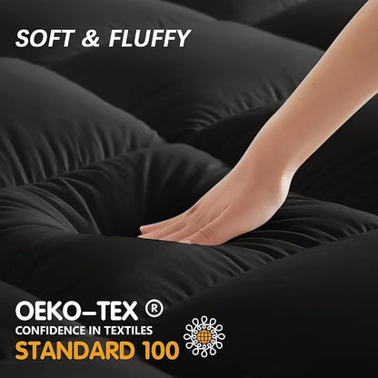CYMULA Full Size Mattress Topper, Black Cooling Mattress Pad Cover, Thick Full Bed Pillow Topper Soft Firm with Deep Pockets, Washable Plush Down Alternative Fill Mattress Protector