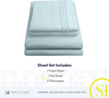 Split King Sheets - Breathable Luxury Sheets with Full Elastic & Secure Corner Straps Built In - 1800 Supreme Collection Extra Soft Deep Pocket Bedding Set, Sheet Set, Split King Size, Light Blue