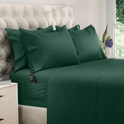DREAMCARE Queen Sheet Set – 6 pcs Cooling Bed Sheets – up to 15” Deep Sheets Queen Size Bed Set – 2500 Supreme Collection – Extra Soft 100% Brushed Microfiber Hotel Luxury with Side Pocket – E Green