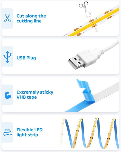 Aclorol USB COB LED Strip Lights for TV 5V USB Powered LED Tape Lights Daylight White 6.56FT 320Leds/M 6000K COB Flexible Light Strip TV Led Backlight for Bedroom Under Cabinet Kitchen DIY