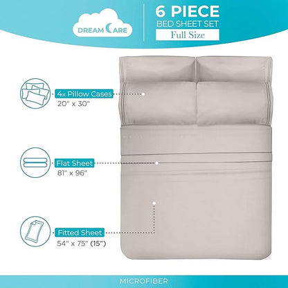 DREAMCARE Full Size Sheets Set - 6 Pcs Deep Pocket Cooling Bed Sheets - Soft, Long Lasting 100% Brushed Microfiber with Side Pocket (Beige, Full)