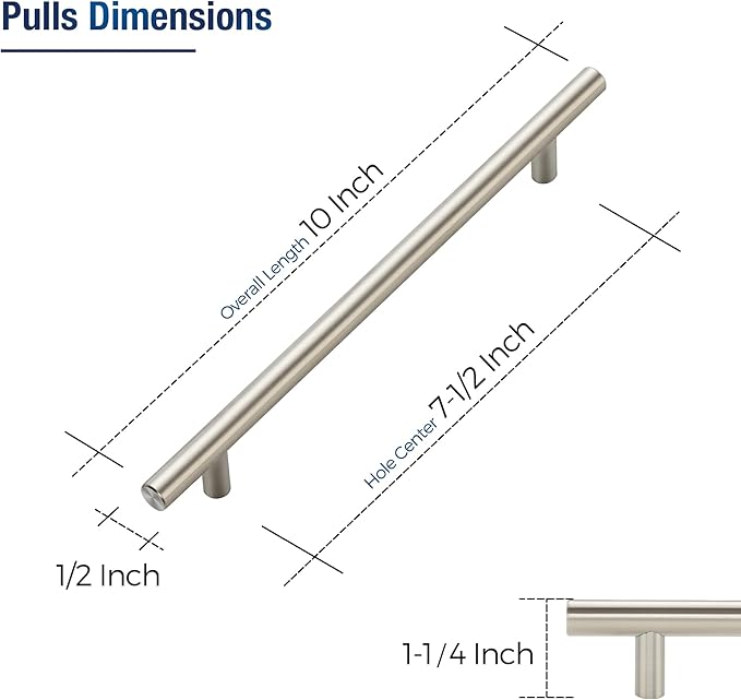 JOY DECOR 30 Pack Cabinet Handles, Brushed Nickel Cabinet Pulls, 7-1/2 in Hole Center Kitchen Cabinet Handles, Stainless Steel T Bar Handles for Dresser Drawers