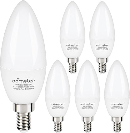 comzler E12 Led Bulb, Small LED Candelabra Bulbs 60W Equivalent, Warm White 2700K Ceiling Fan Light Bulbs, Type B Shape Chandelier , Pack of 6, Non-Dimmable