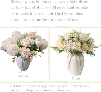 JARELING Peonies Artificial Flowers in Vase, Fake Hydrangea Silk Peony Flower Bouquet with Vase Faux Flowers Arrangement Decor Home Table Dining Room (White)