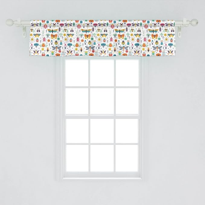 Lunarable Spring Window Valance Pack of 2, Colorful Seasons Pattern with Nature Garden Creatures Repeating Pattern Print, Rod Pocket Curtain Valances for Kitchen Bedroom, 54" X 12", Multicolor