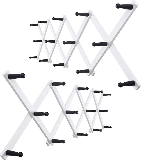 WEBI Accordion Wall Hanger,Expandable Wooden Hat Rack for Wall Mounted Coat Rack,Accordion Hat Hooks Holder for Baseball Caps,14 Peg,Black on White,2 Packs