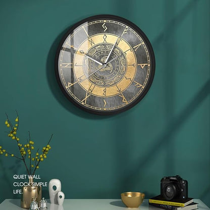 Triple Horn of Odin Decorative Wall Clock with Metal Frame, 12 Inch Viking Decor Nordic Sign Clock Scandinavic Mythology Celtic Rune Norse Pagan Clock Silent Movement Viking Gifts for Men