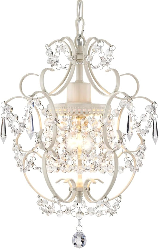 Small Crystal Chandelier for Bedroom, 90% Pre-Assembled 1 Light White Chandelier, Mini Acrylic Crystal Ceiling Light Fixture Charming for Girls Room, Closet, Bathroom, Entryway, Dining Room