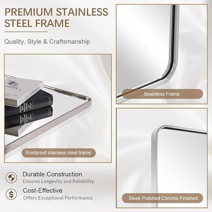 ANDY STAR 40x36 Inch Chrome Bathroom Mirror, Chrome Vanity Mirror for Wall, Rounded Rectangle Mirror, Anti-Rust SUS304, Seamless Tube Metal Frame, 1’’ Deep Wall Mounted Vertically/Horizontal