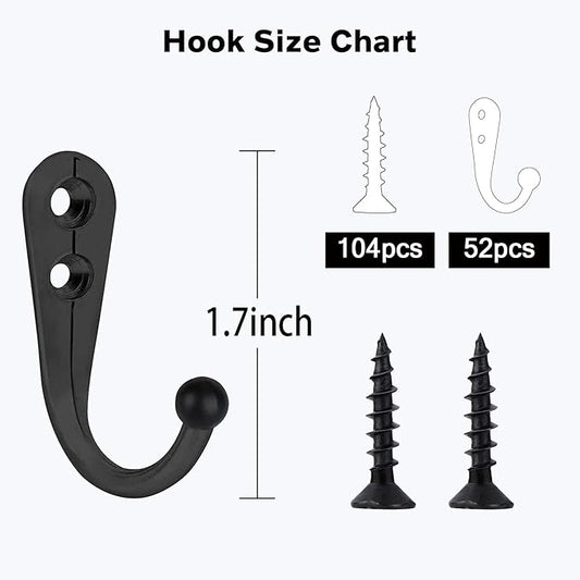 Coat Hooks-52 Pack Farmhouse Hooks with 104Pcs Screws, Black Decorative Rustic Coat Hooks Rack, Wall Mounted Single Prong Robe Hook, Vintage Organizer Hanging Wire Hook Clothes Hanger