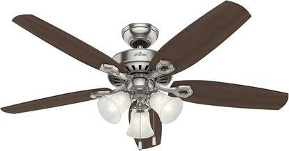 Hunter 52 inch Indoor Ceiling Fan with LED Lights - Ceiling Fan with Pull Chain, For Bedroom or Living Room, Standard Mount, No Remote, 5 Blades, Includes Bulbs - Builder Plus 53237, Brushed Nickel