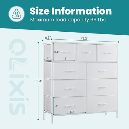 OLIXIS Dresser for Bedroom, 9 Storage Drawers, Wide Fabric Closet Chests Organizer Tower Furniture, TV Stand with Wooden Top Metal Frame for Clothes, Living Room, Hallway, Entryway, Classic White