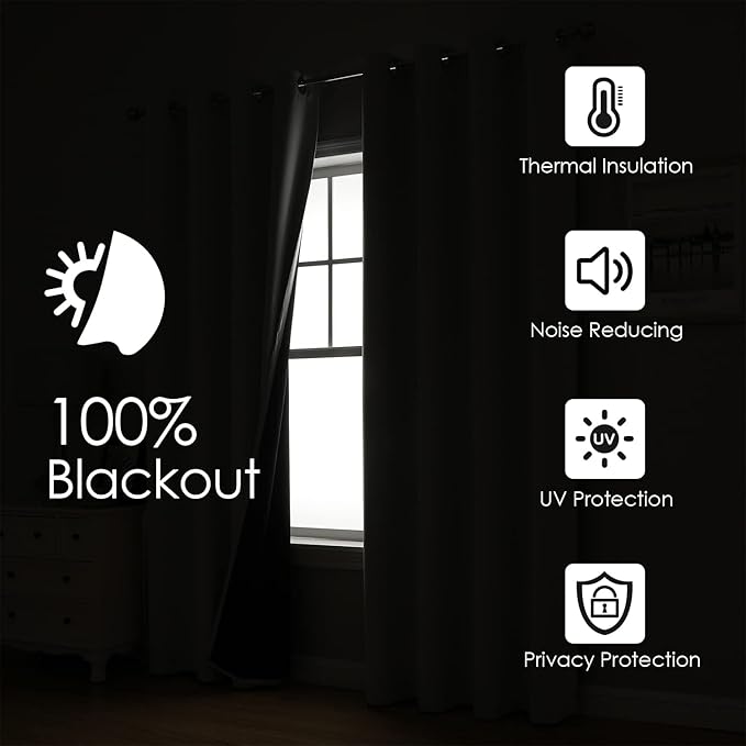 ChrisDowa 100% Blackout Curtains for Bedroom with Black Liner, 2 Thick Layers Total Blackout Thermal Insulated Grommet Window Curtains 2 Panels Set (Cappuccino, 42 x 84 Inch)